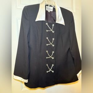 George Simonton Black Rhinestone Cross Detail Blazer Jacket Sz 14 Satin Collar